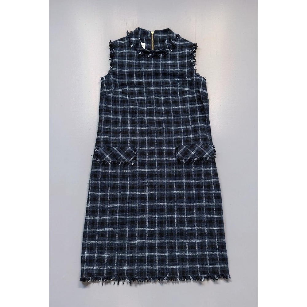 Sara Campbell Navy Plaid Tweed Shift Dress Sleeveless Frayed Trim XS Made in USA
